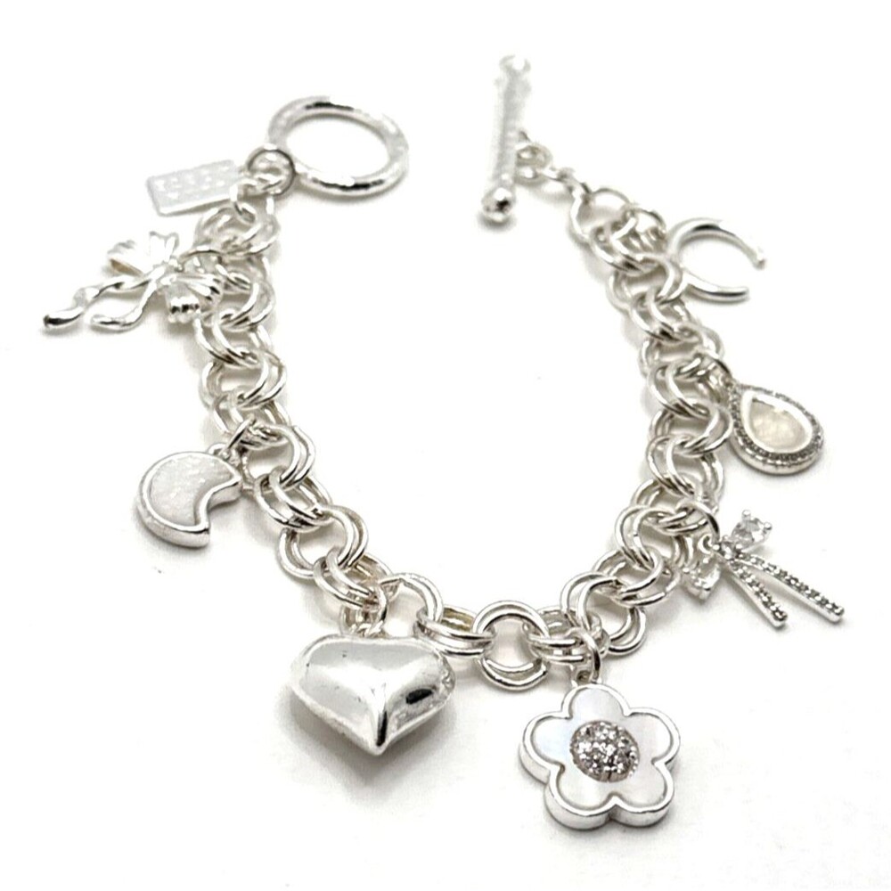 NWOT LUNA NORTE Charm Bracelet Mother Of Pearl Rhinestone Silver Tone 7.5"